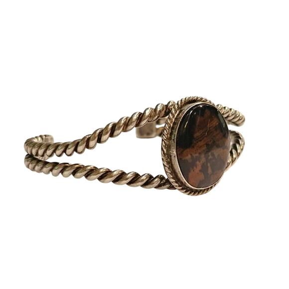 1940s Navajo Petrified Wood Bracelet Twisted Silver Rope Bands - Picture 2 of 5